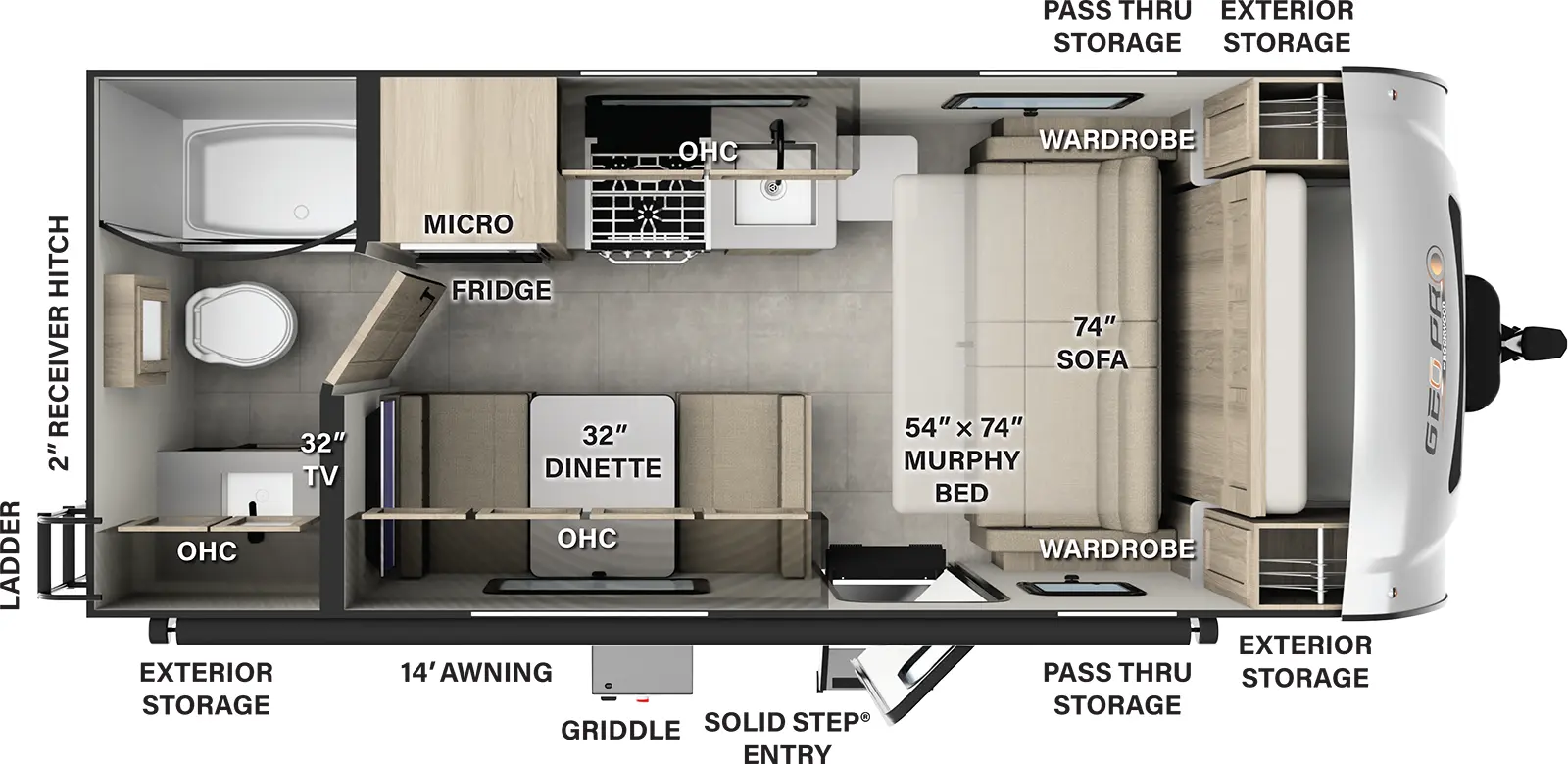 The Rockwood Geo Pro G19FD has one entry and zero slide outs. Exterior features include: fiberglass exterior and 14' awning. Interiors features include: murphy bed and rear bathroom.